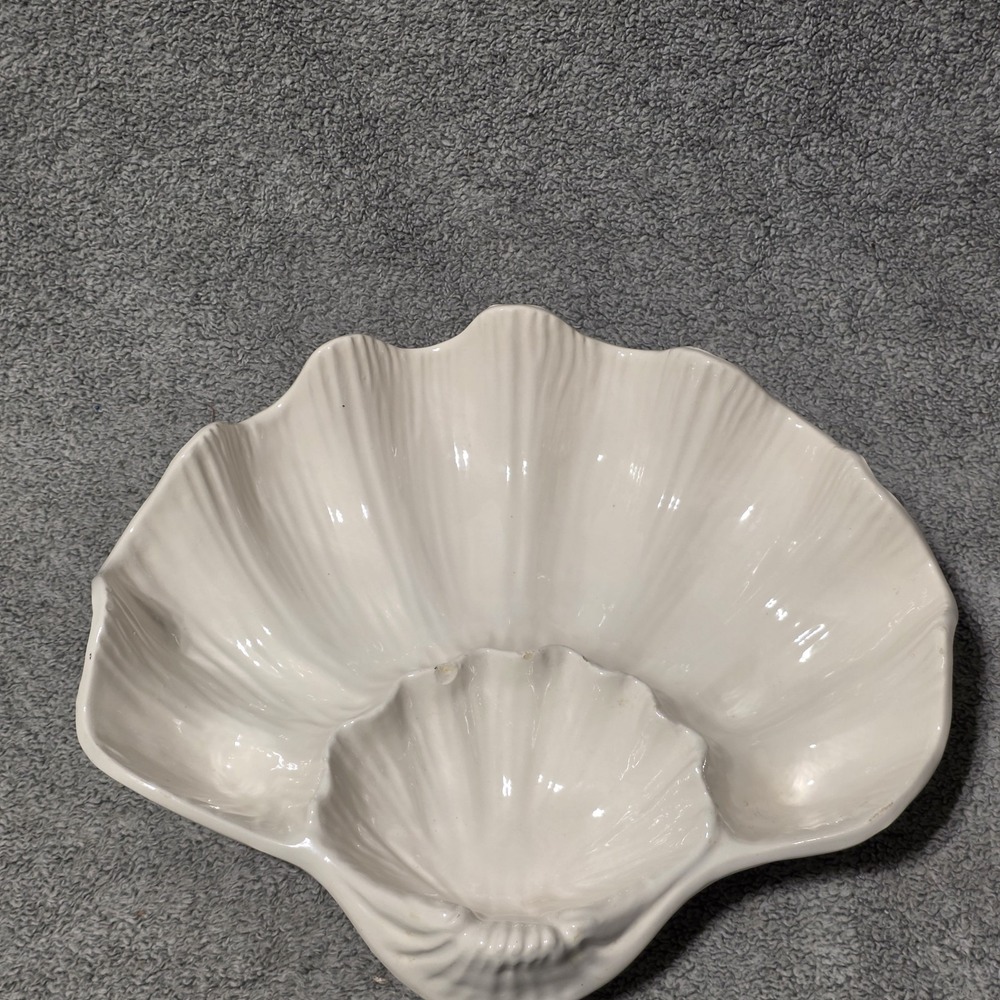 Vintage White Ceramic Sea Shell Large Dish Coastal Decor Beach